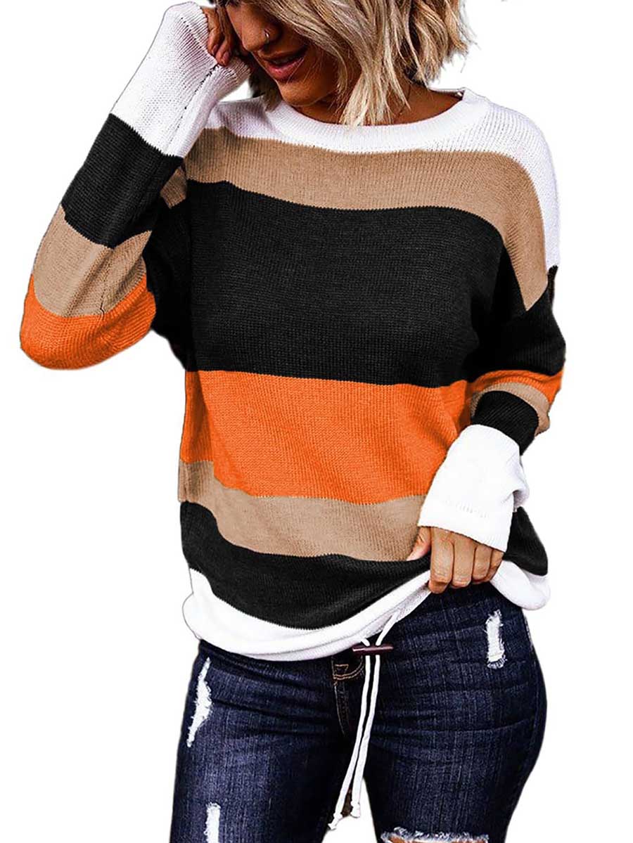 Lunimesd Drawstring Sweater Crew Neck Striped Pullover