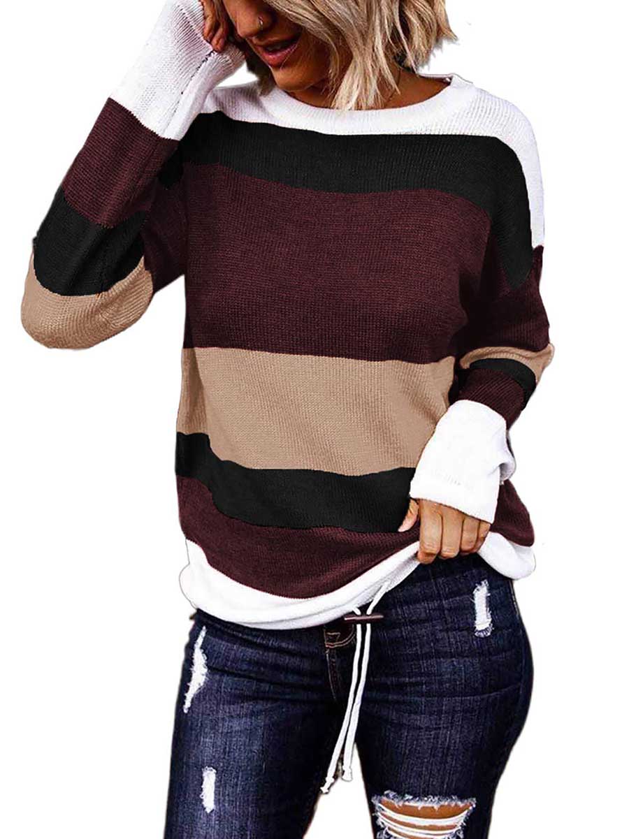 Lunimesd Drawstring Sweater Crew Neck Striped Pullover