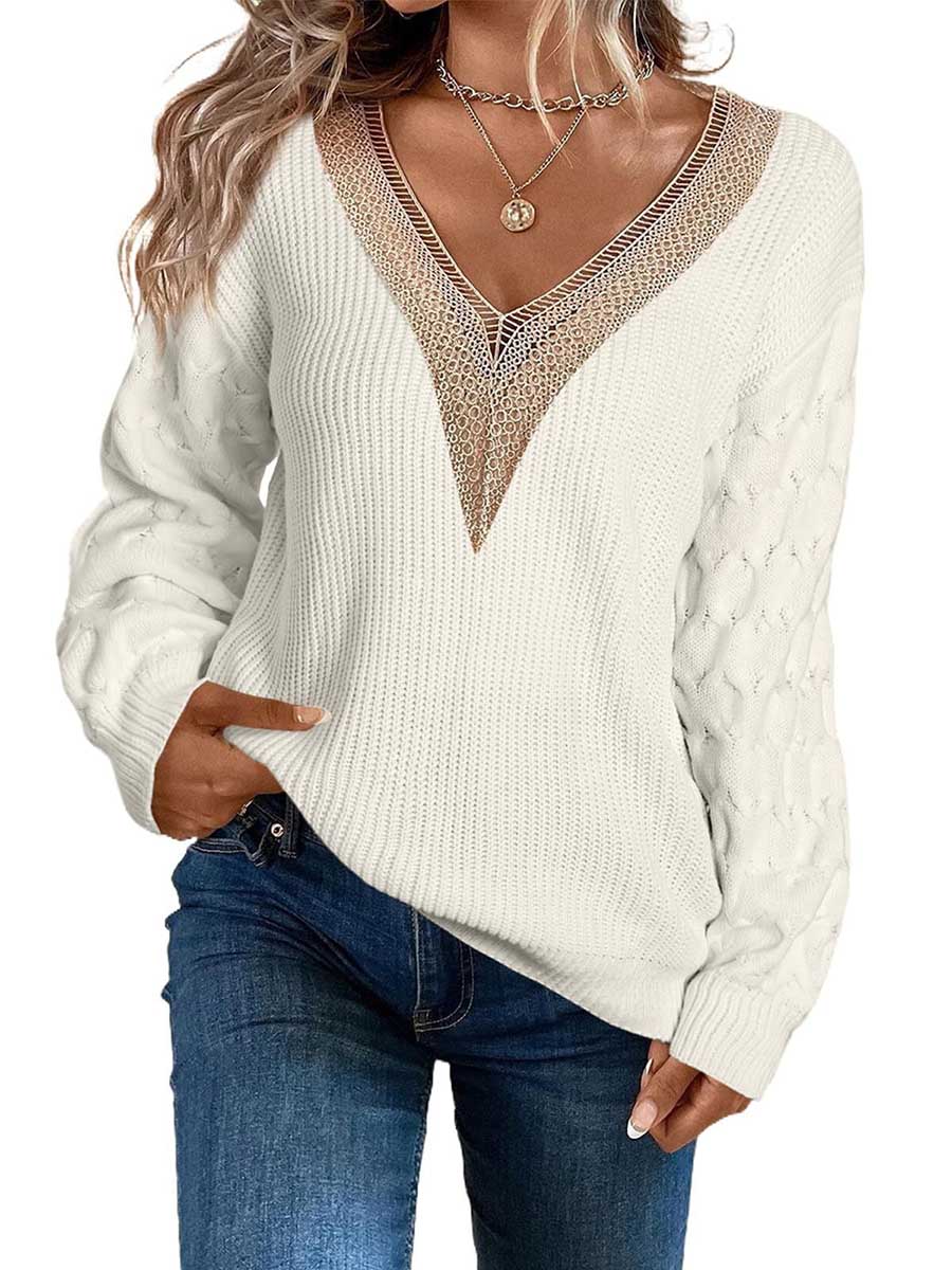 Lunimesd Sexy Lace V-Neck Drop Shoulder Sweater