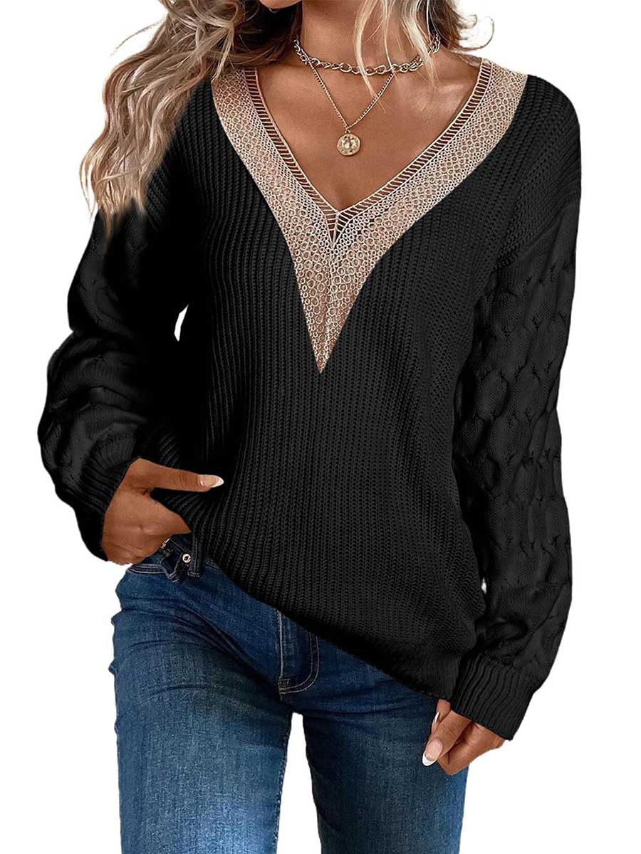 Lunimesd Sexy Lace V-Neck Drop Shoulder Sweater