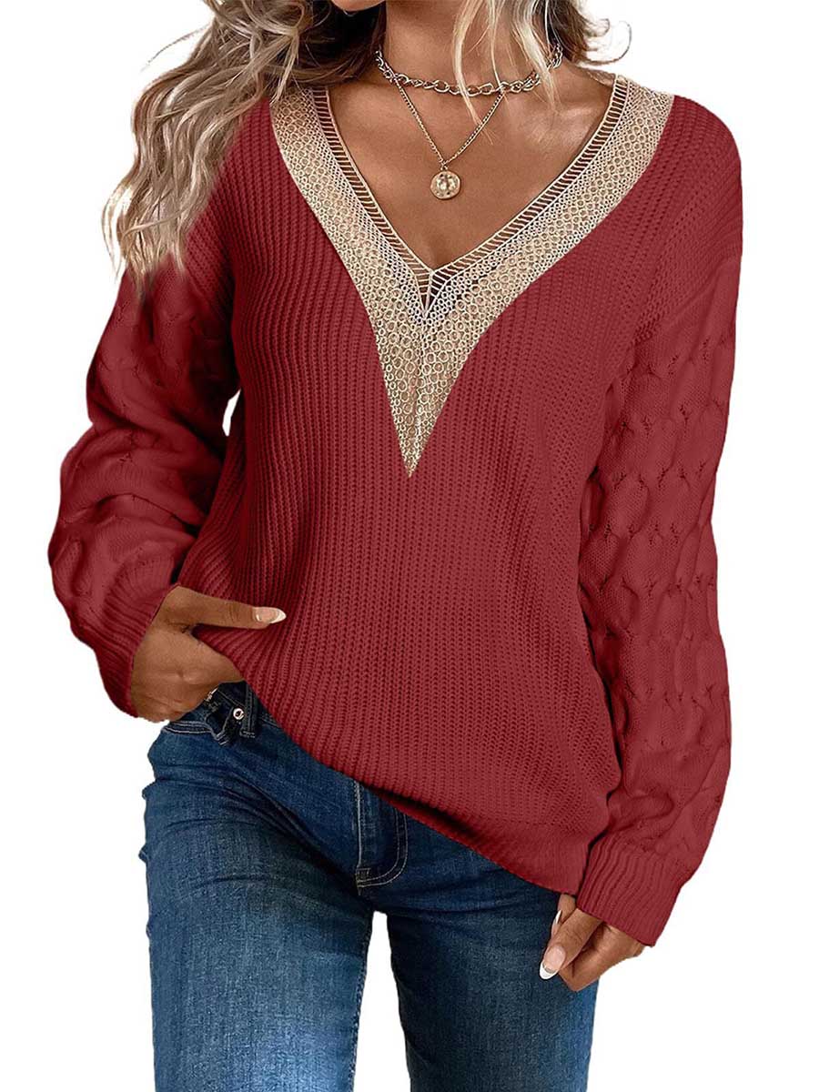 Lunimesd Sexy Lace V-Neck Drop Shoulder Sweater