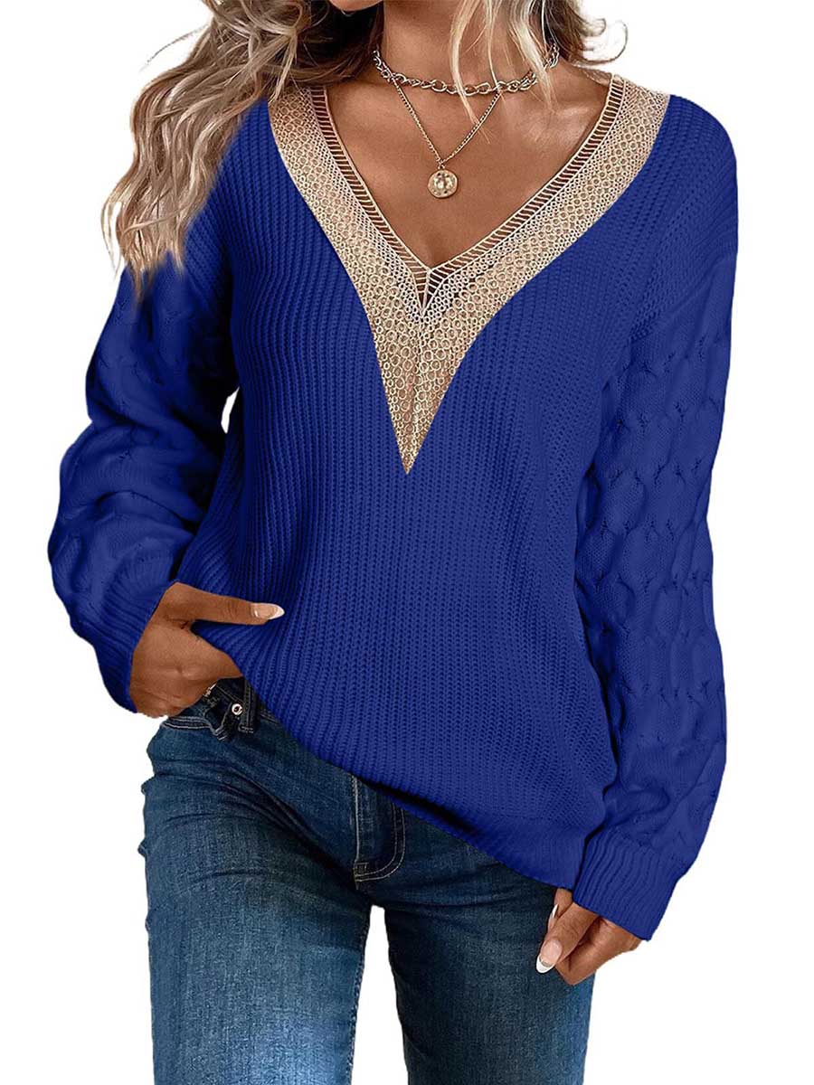 Lunimesd Sexy Lace V-Neck Drop Shoulder Sweater