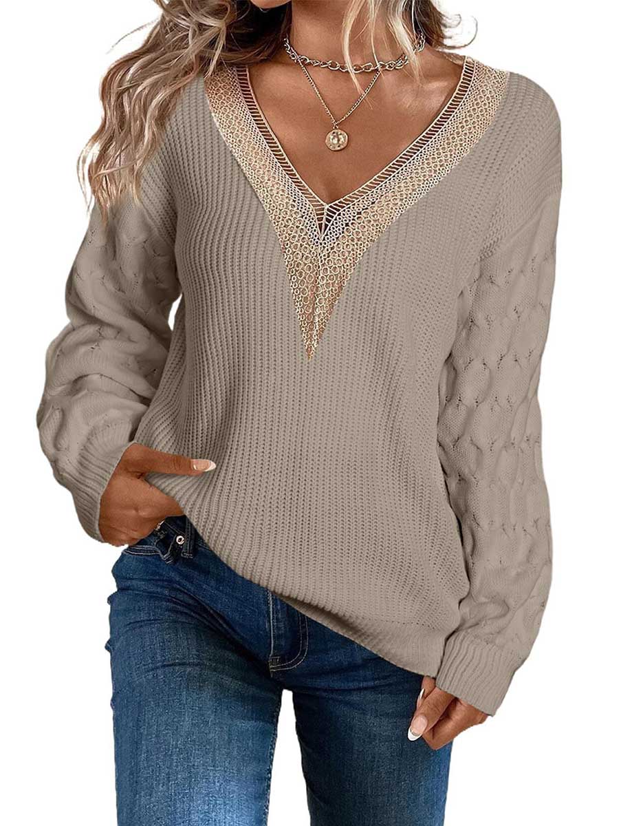 Lunimesd Sexy Lace V-Neck Drop Shoulder Sweater