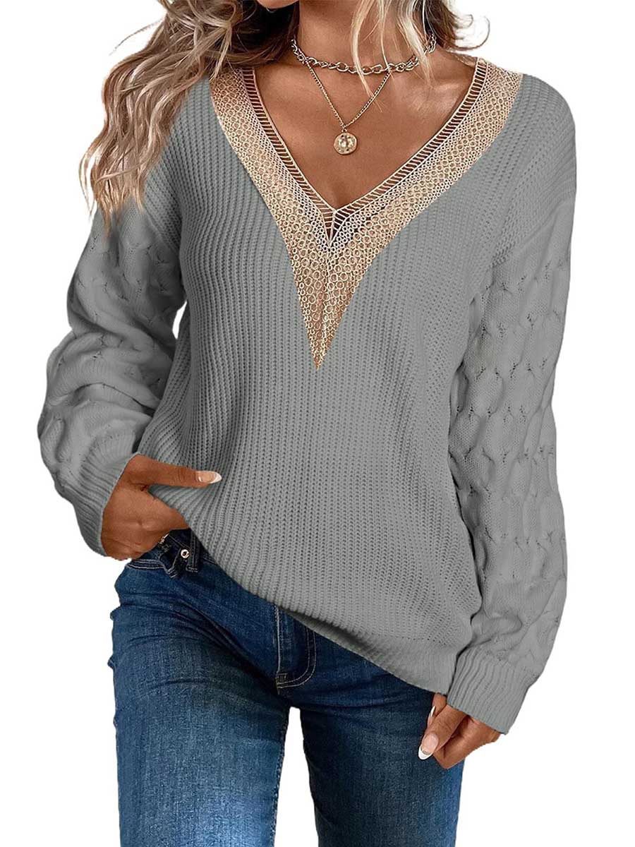 Lunimesd Sexy Lace V-Neck Drop Shoulder Sweater
