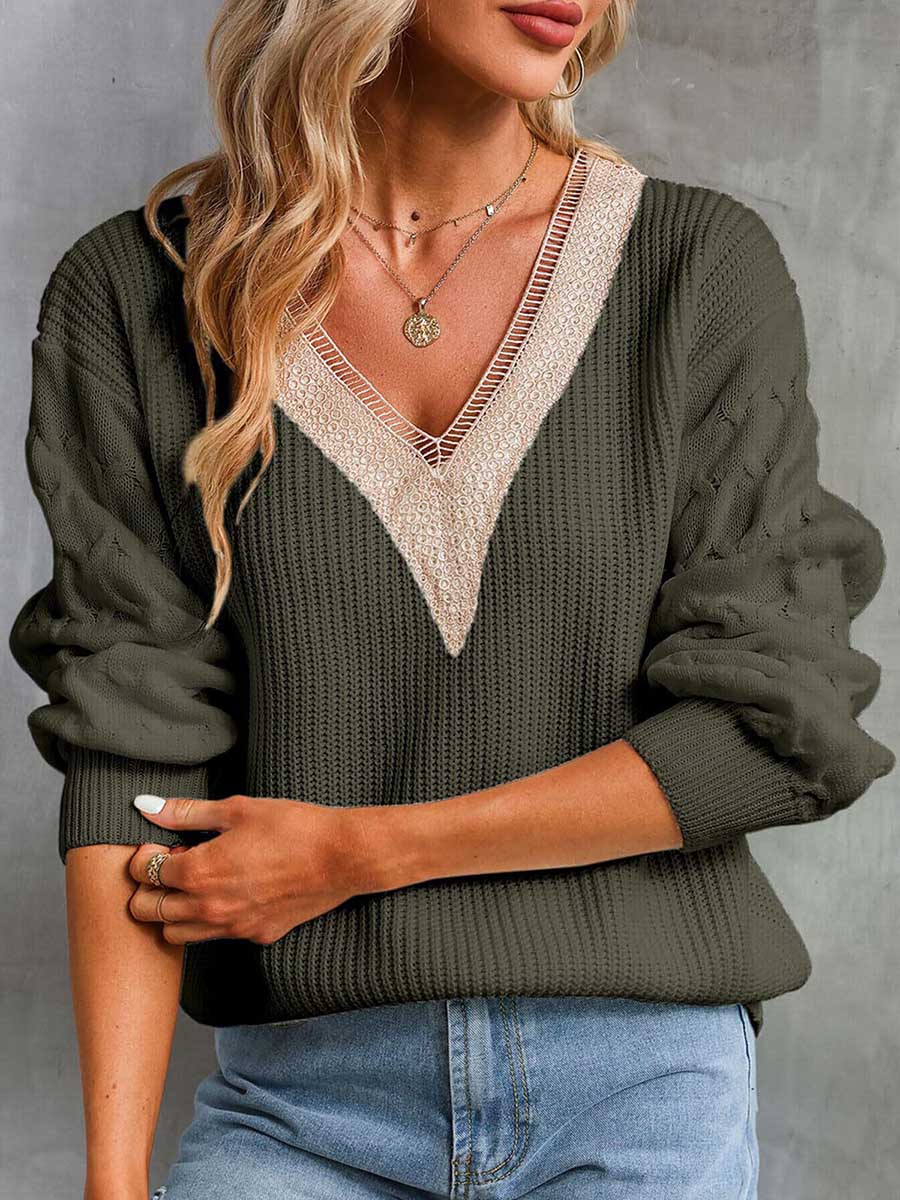 Lunimesd Sexy Lace V-Neck Drop Shoulder Sweater