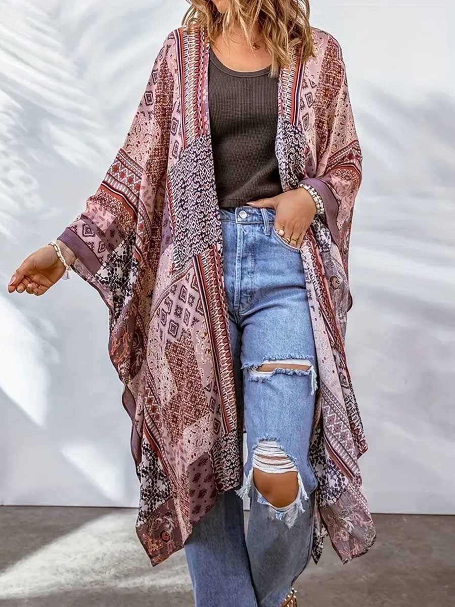 Lunimesd Plus Size Printed Bat Sleeve Cardigan