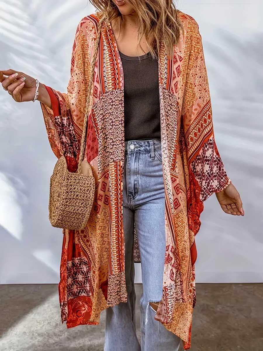 Lunimesd Plus Size Printed Bat Sleeve Cardigan