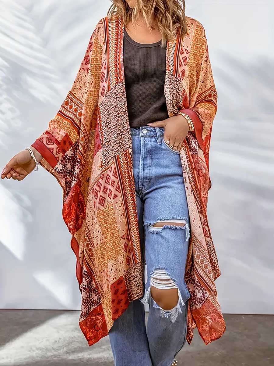 Lunimesd Plus Size Printed Bat Sleeve Cardigan