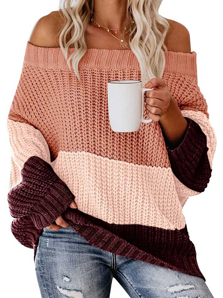 Lunimesd One-line Collar Loose Patchwork Color Sweater