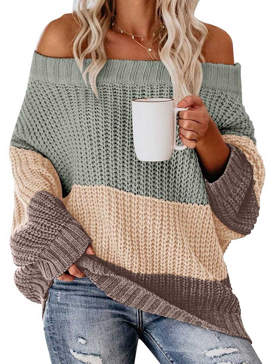 Lunimesd One-line Collar Loose Patchwork Color Sweater