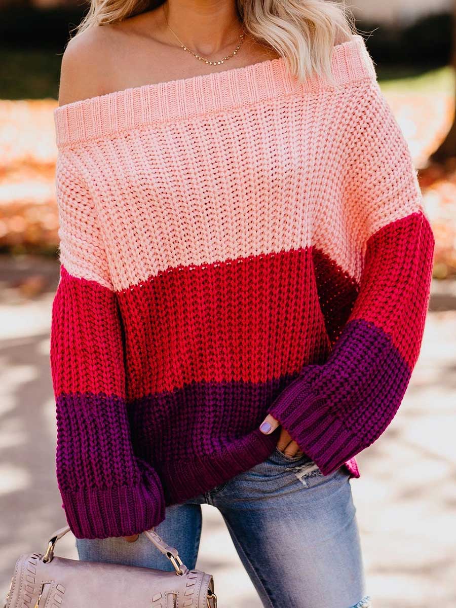 Lunimesd One-line Collar Loose Patchwork Color Sweater