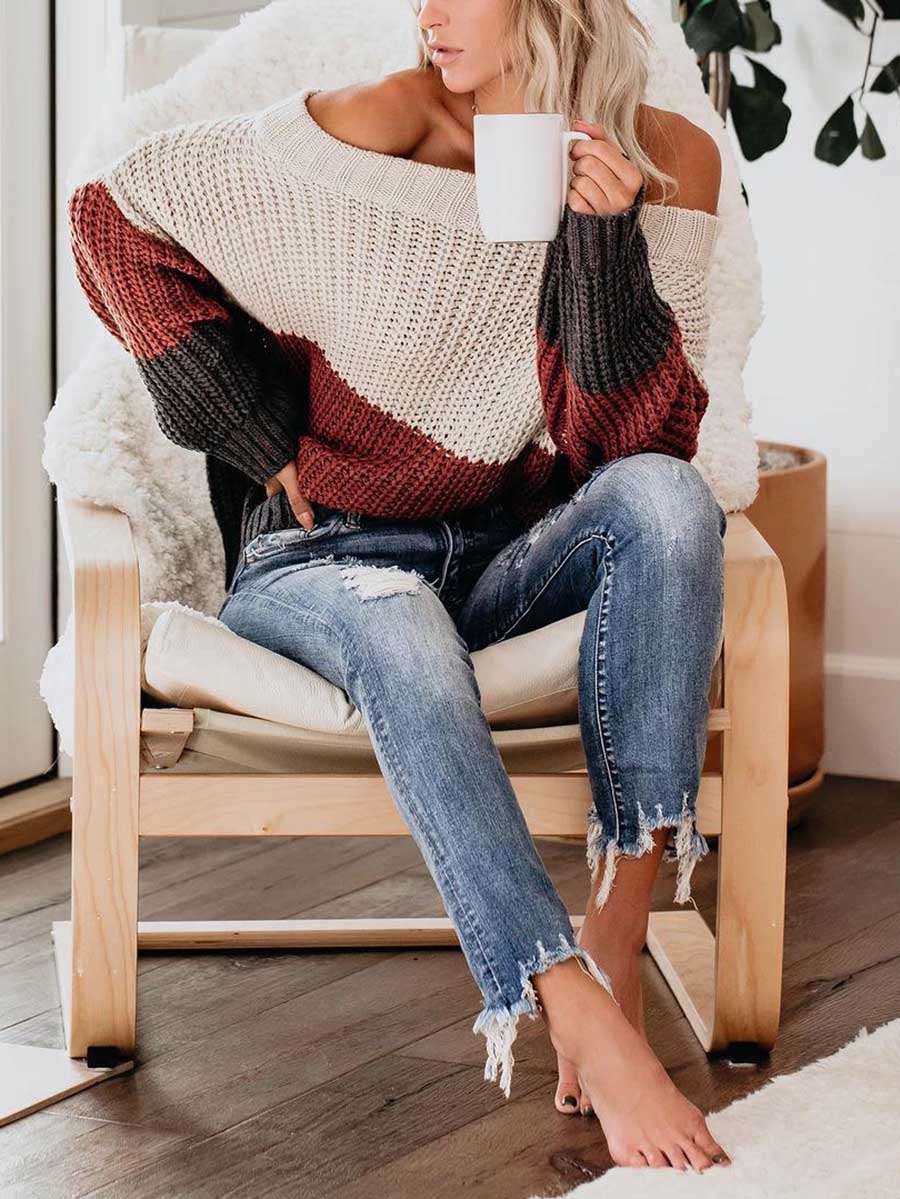 Lunimesd One-line Collar Loose Patchwork Color Sweater