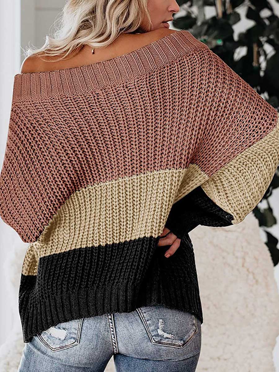 Lunimesd One-line Collar Loose Patchwork Color Sweater