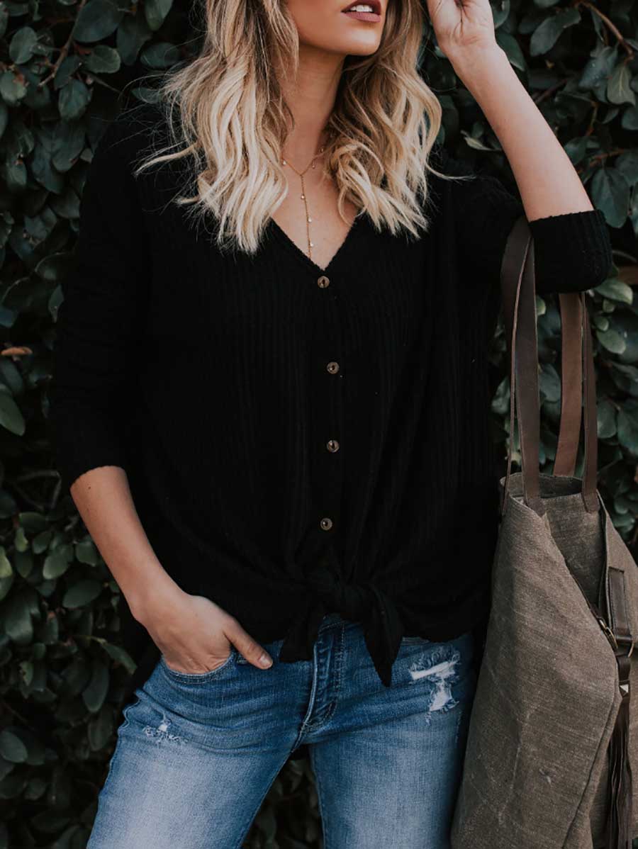 Lunimesd Long Sleeve V-Neck Cardigan T-Shirt Bottom Shirt