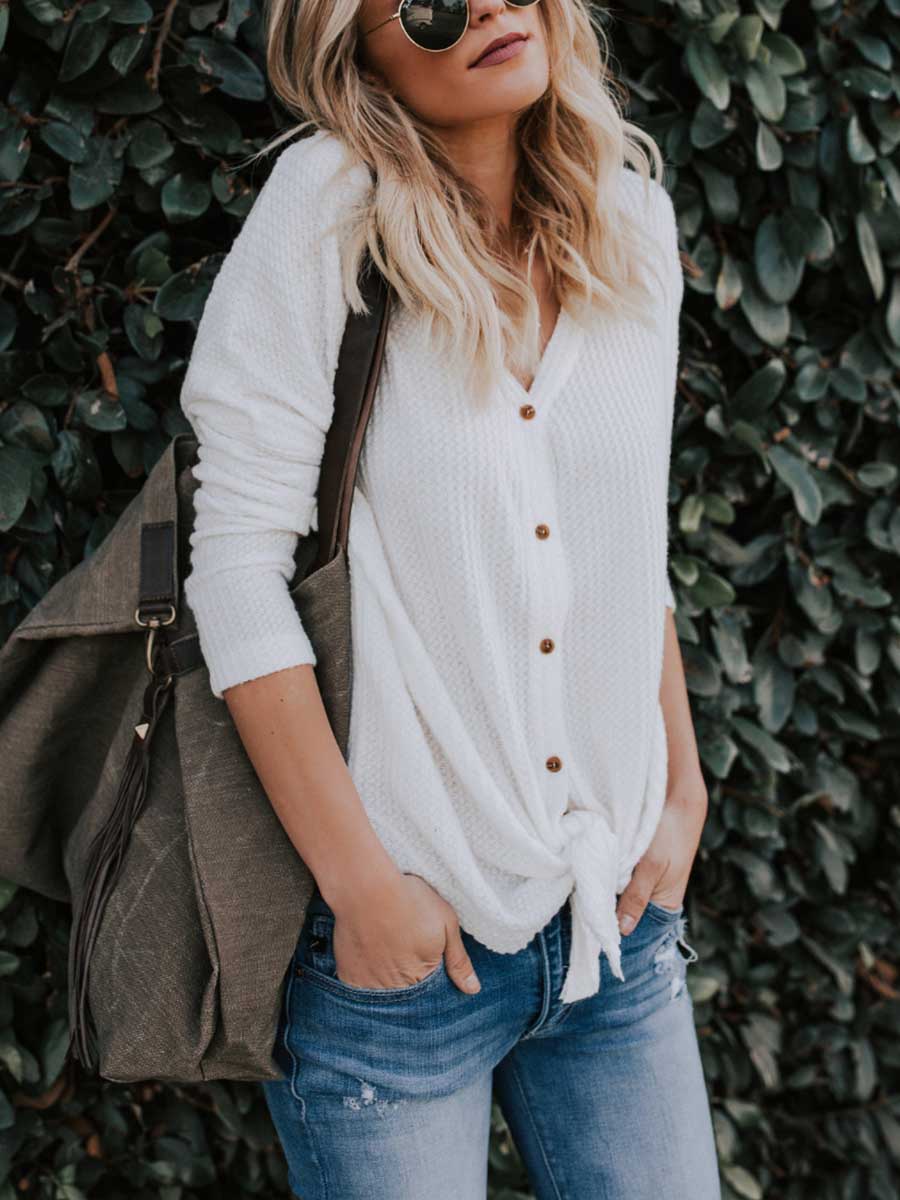 Lunimesd Long Sleeve V-Neck Cardigan T-Shirt Bottom Shirt