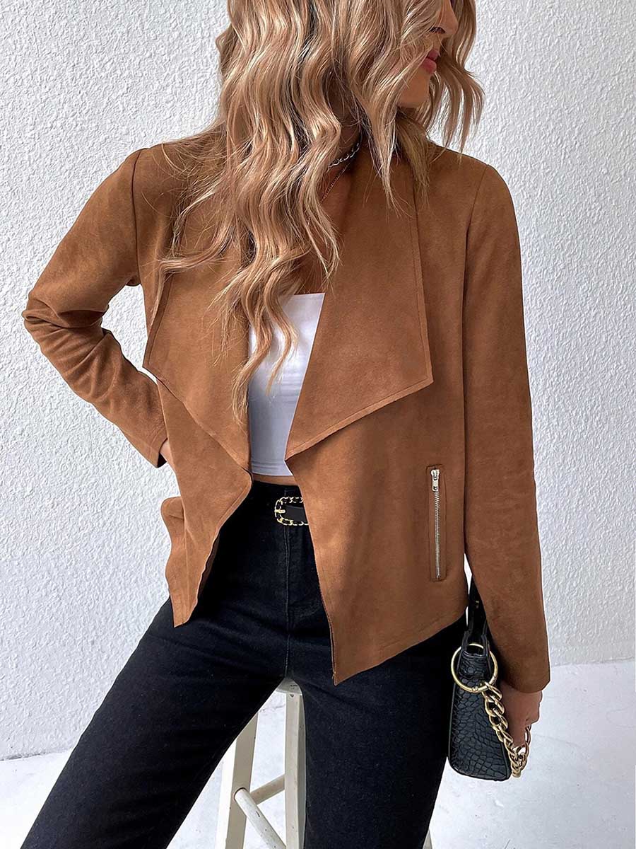 Lunimesd Leather Velvet Lapel Long Sleeve Zipper Jacket