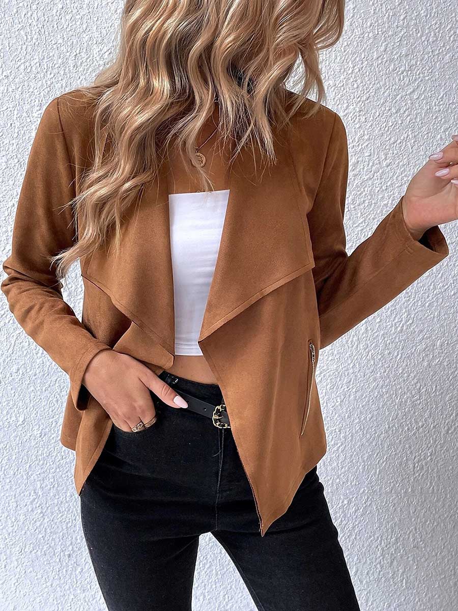 Lunimesd Leather Velvet Lapel Long Sleeve Zipper Jacket