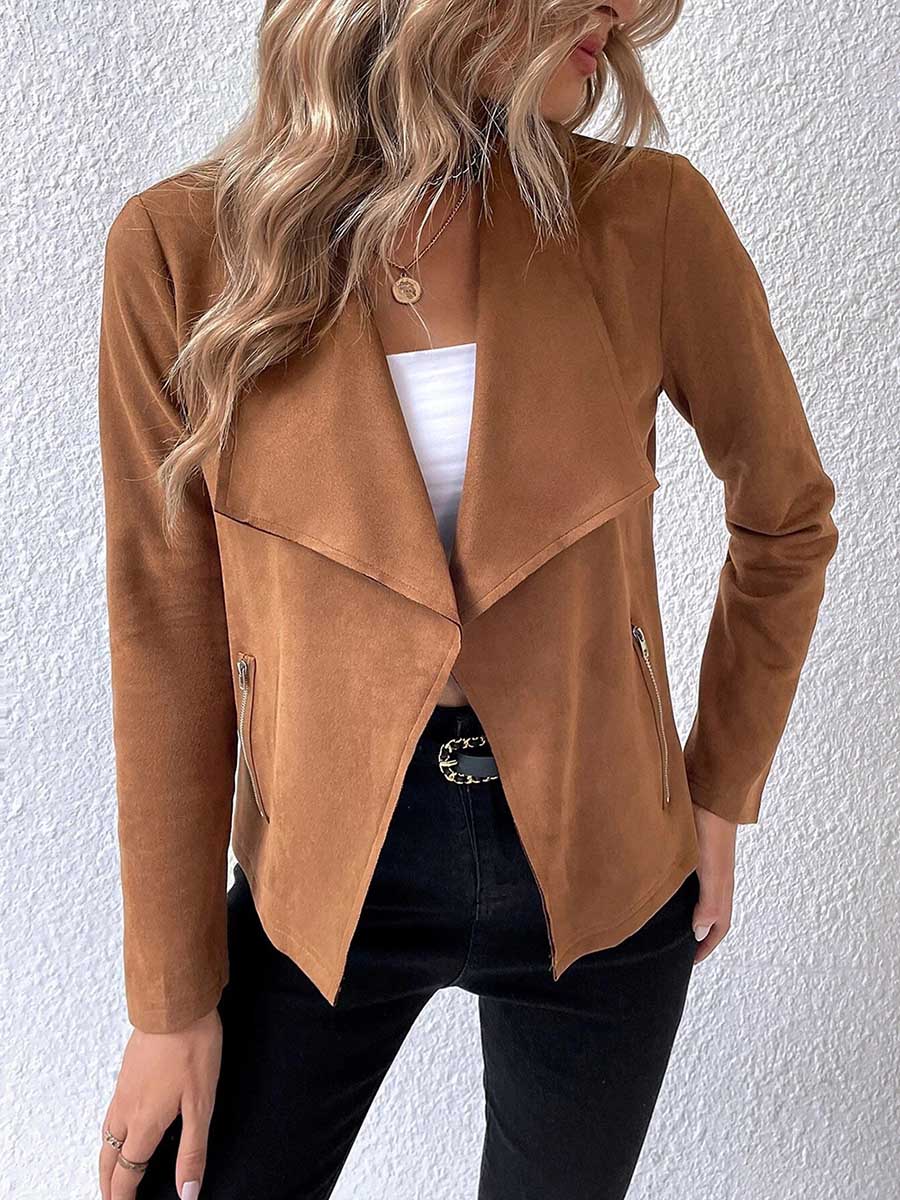 Lunimesd Leather Velvet Lapel Long Sleeve Zipper Jacket