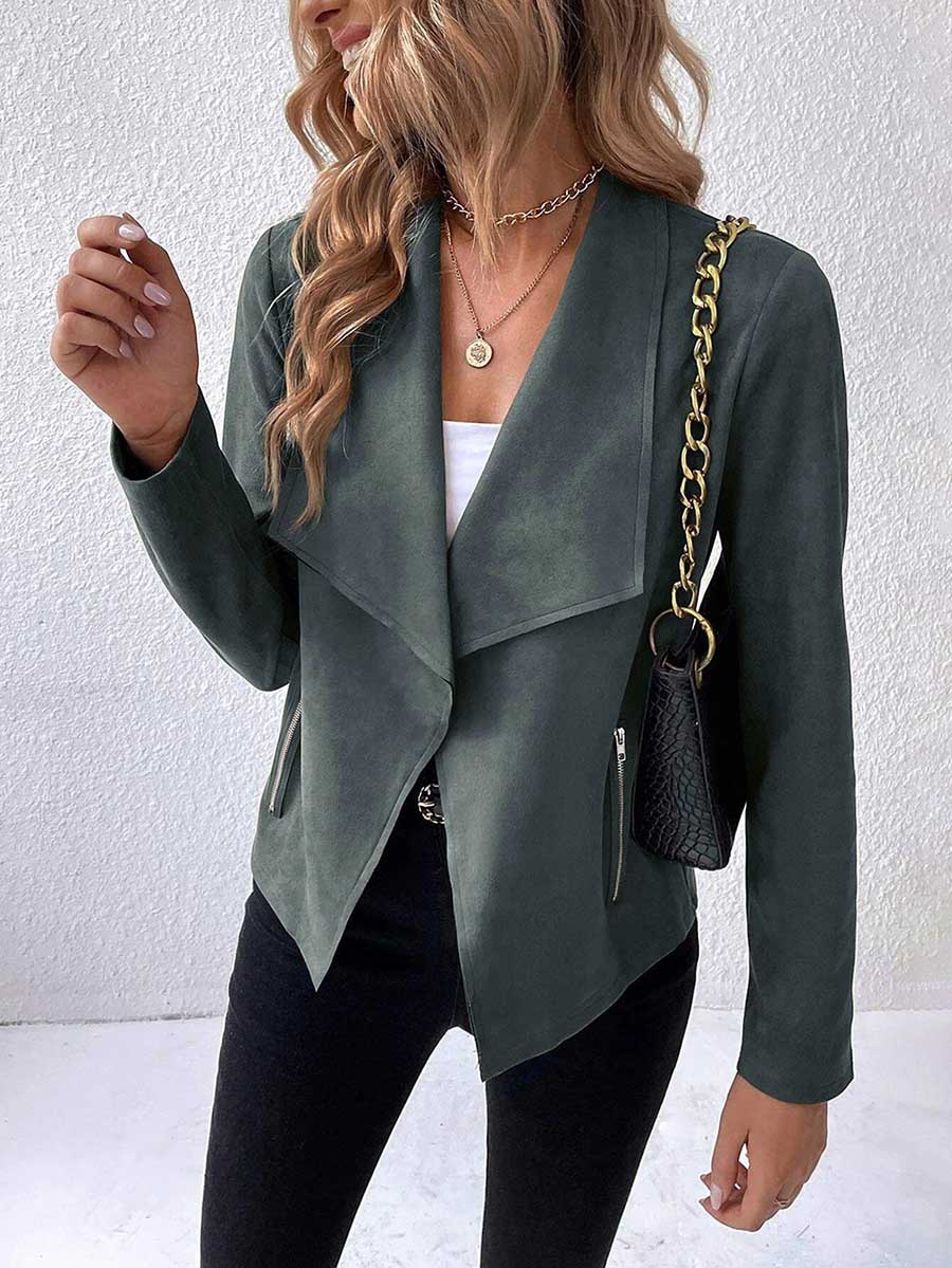 Lunimesd Leather Velvet Lapel Long Sleeve Zipper Jacket