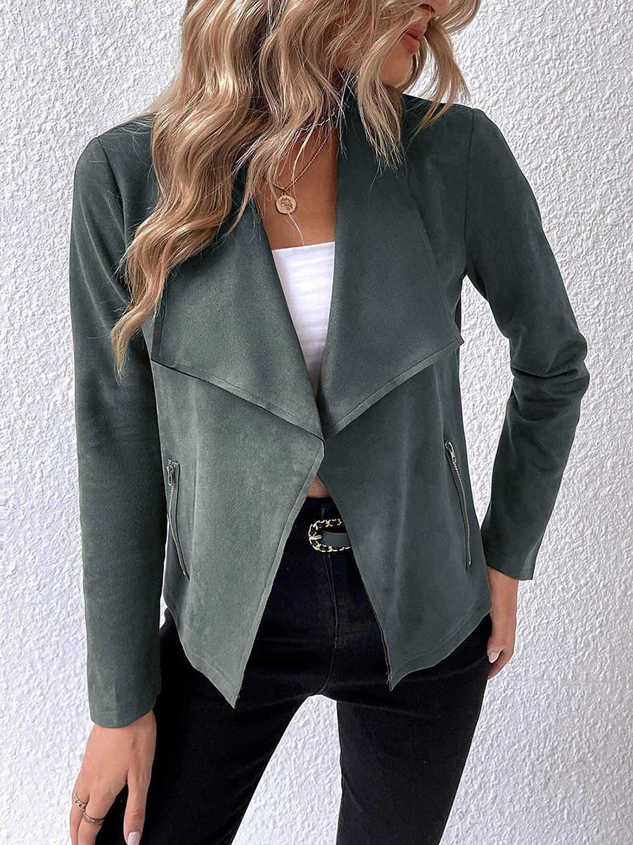 Lunimesd Leather Velvet Lapel Long Sleeve Zipper Jacket