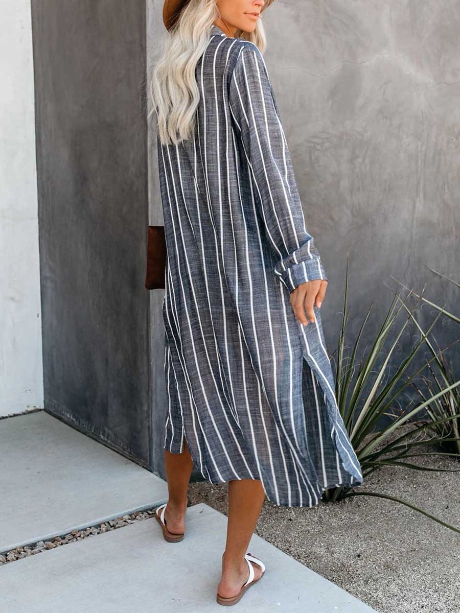 Lunimesd Long Sleeve Knee Length Lapel Striped Shirt