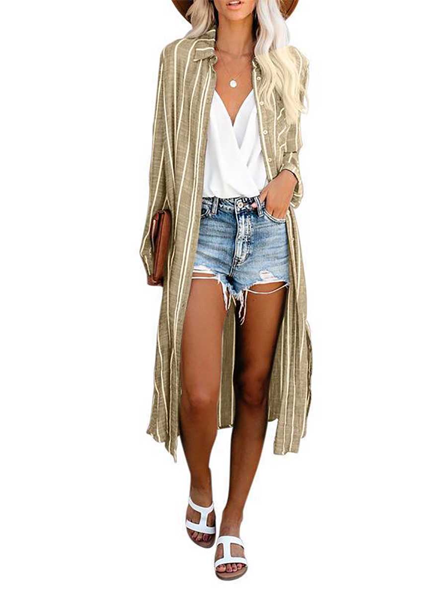 Lunimesd Long Sleeve Knee Length Lapel Striped Shirt