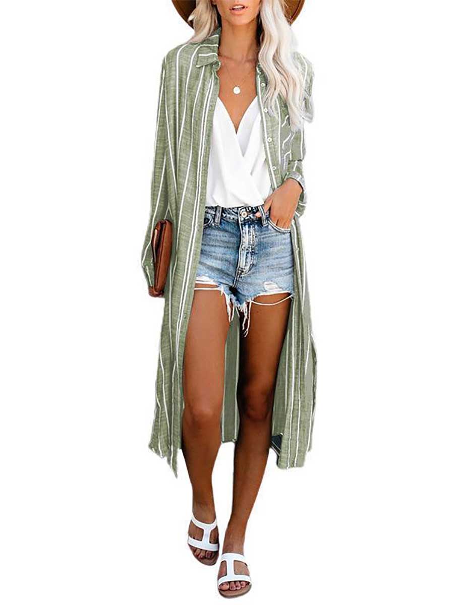 Lunimesd Long Sleeve Knee Length Lapel Striped Shirt