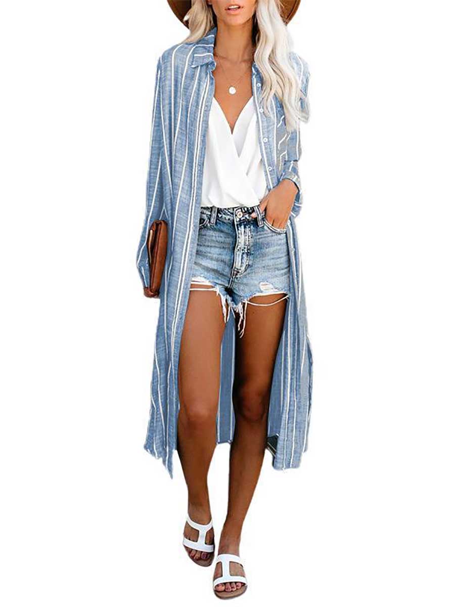 Lunimesd Long Sleeve Knee Length Lapel Striped Shirt