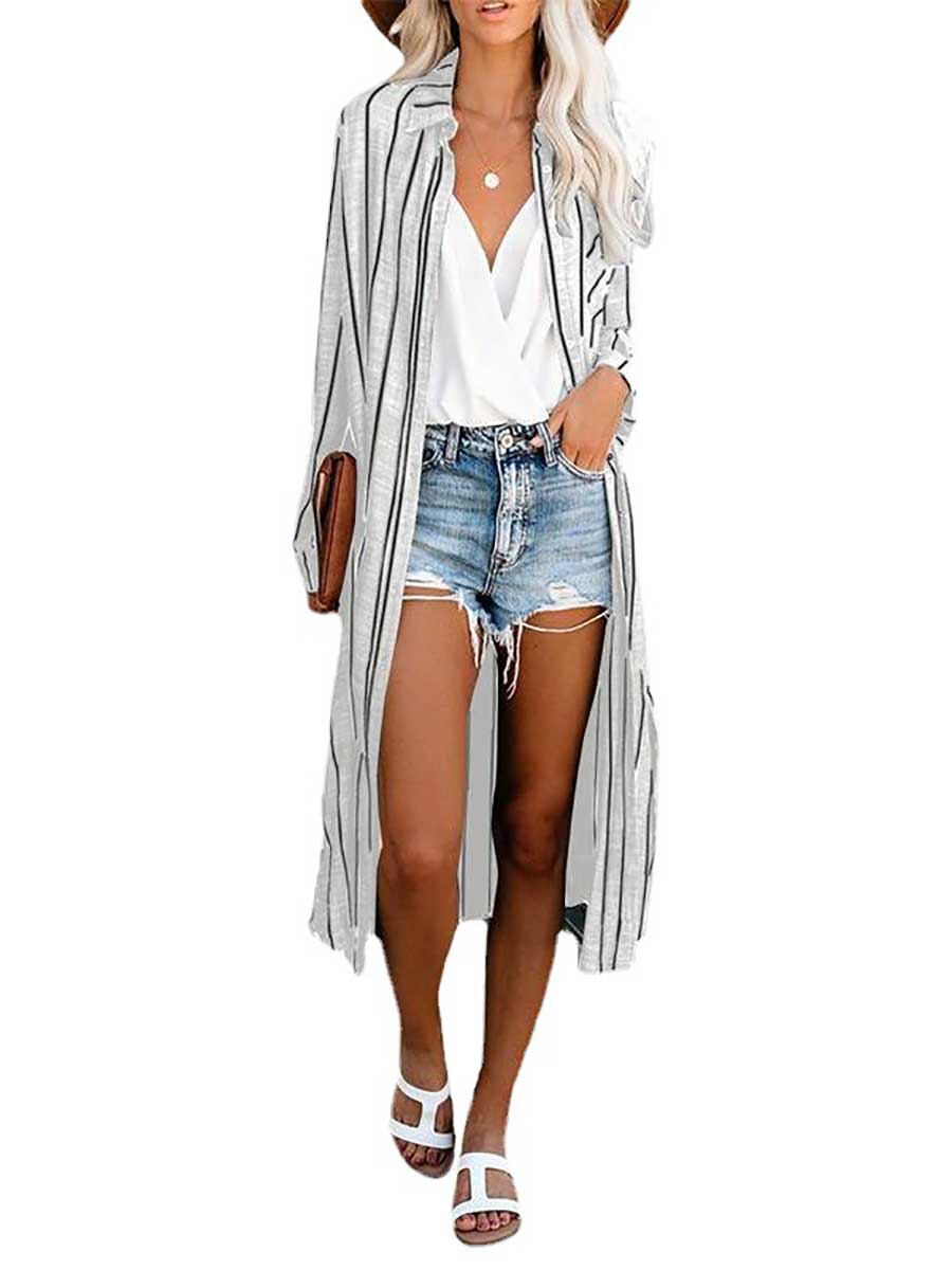 Lunimesd Long Sleeve Knee Length Lapel Striped Shirt
