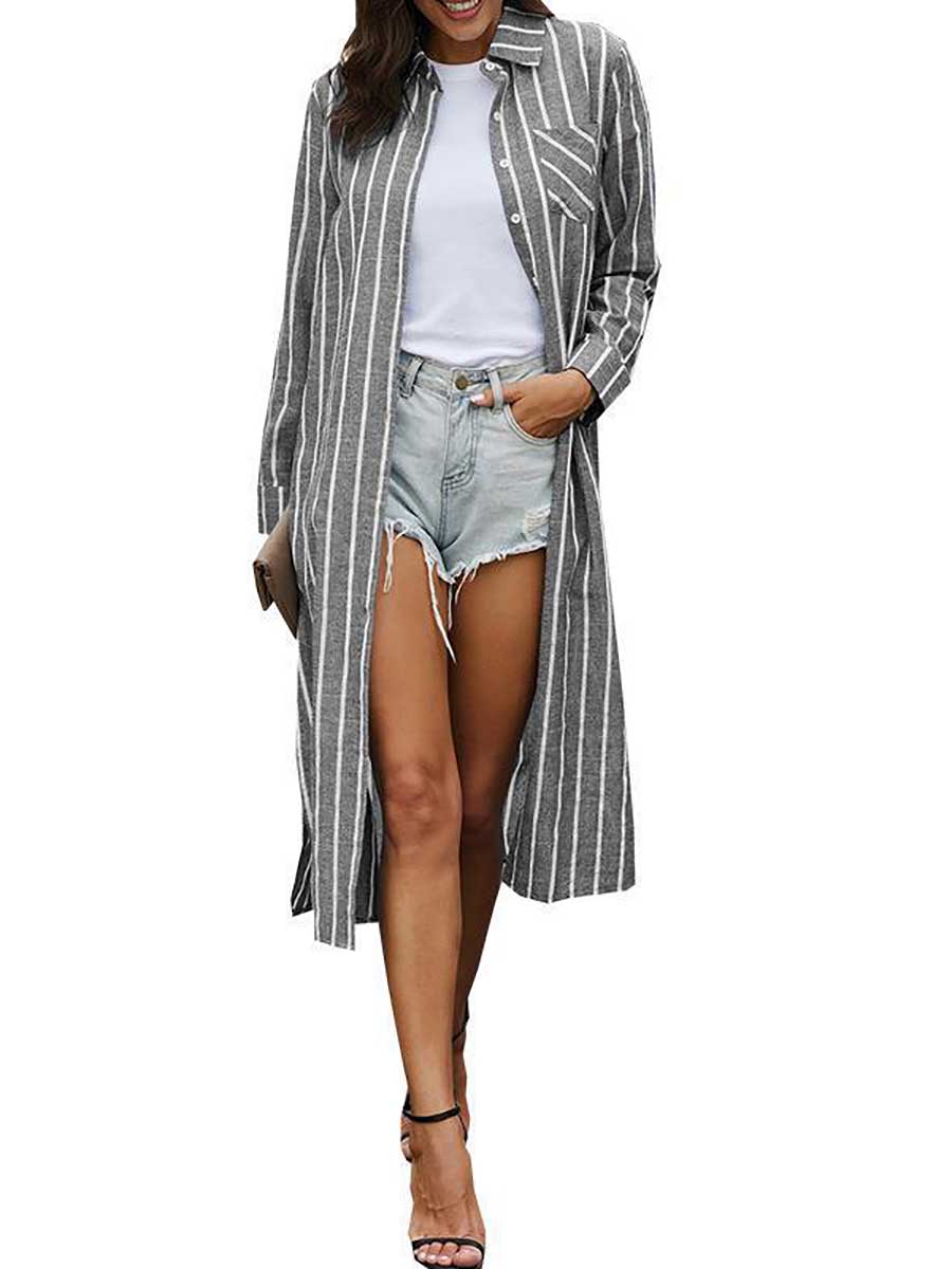 Lunimesd Long Sleeve Knee Length Lapel Striped Shirt