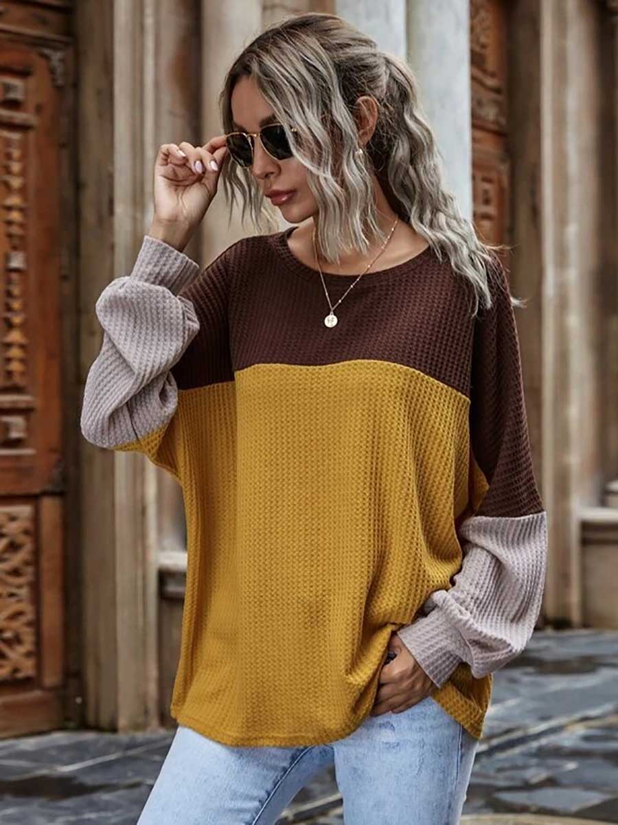 Colorblocked Waffle Long Sleeve Casual Top