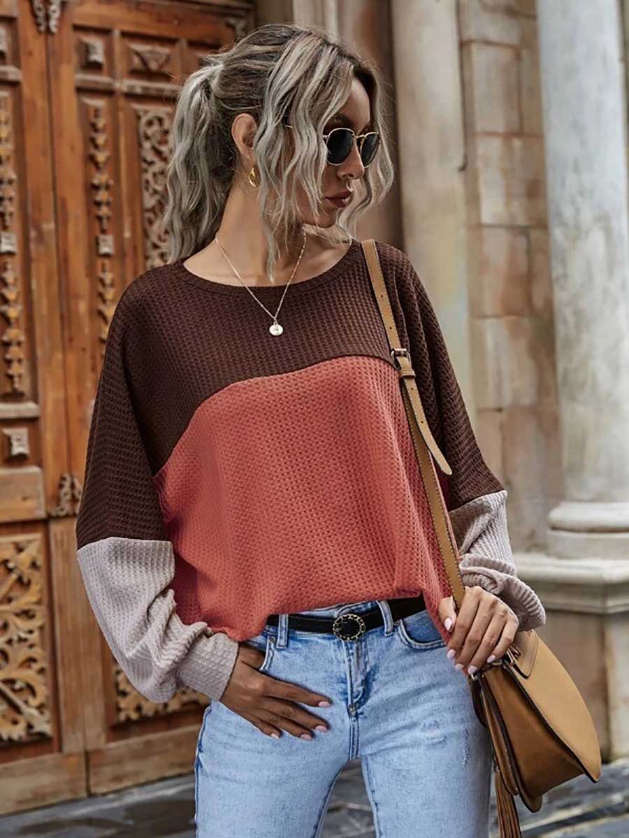 Colorblocked Waffle Long Sleeve Casual Top