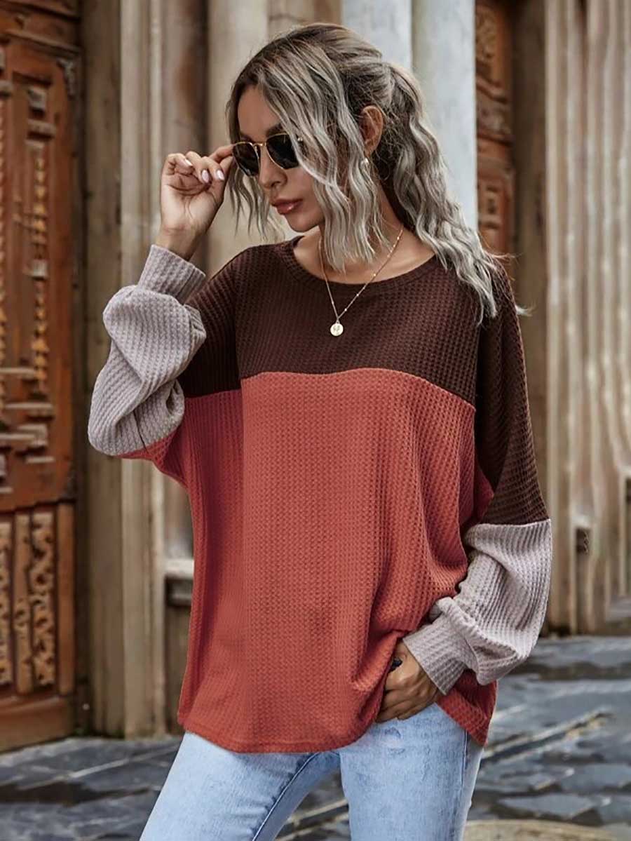 Colorblocked Waffle Long Sleeve Casual Top