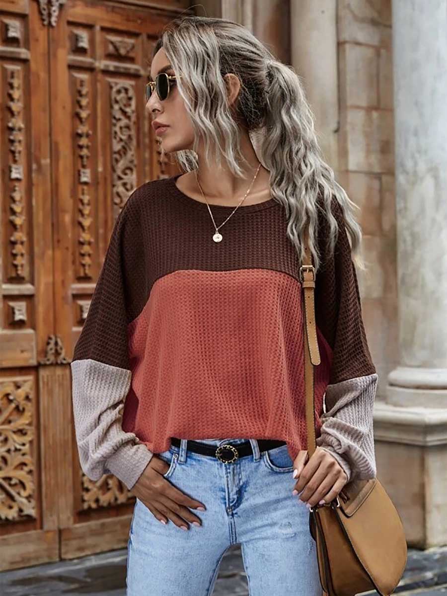 Lunimesd Colorblocked Waffle Long Sleeve Casual Top