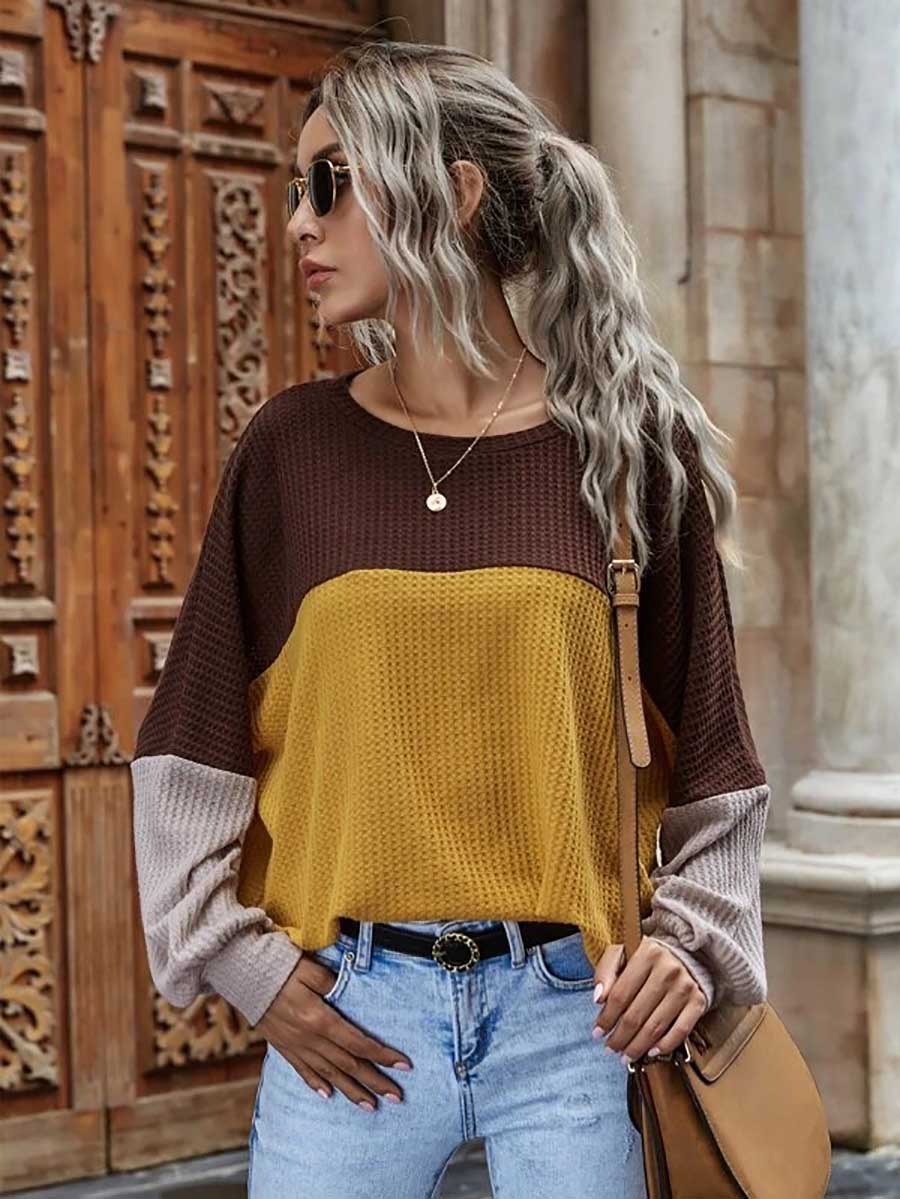 Veleaee Colorblocked Waffle Long Sleeve Casual Top