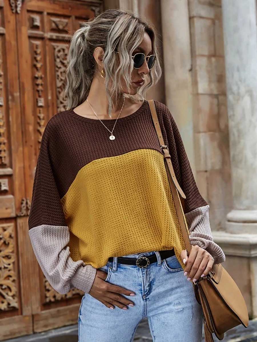 Colorblocked Waffle Long Sleeve Casual Top
