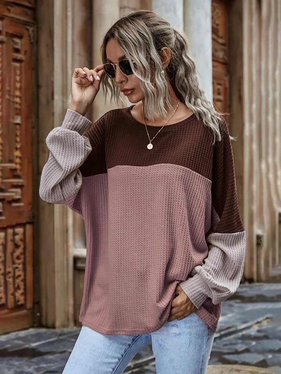 Colorblocked Waffle Long Sleeve Casual Top