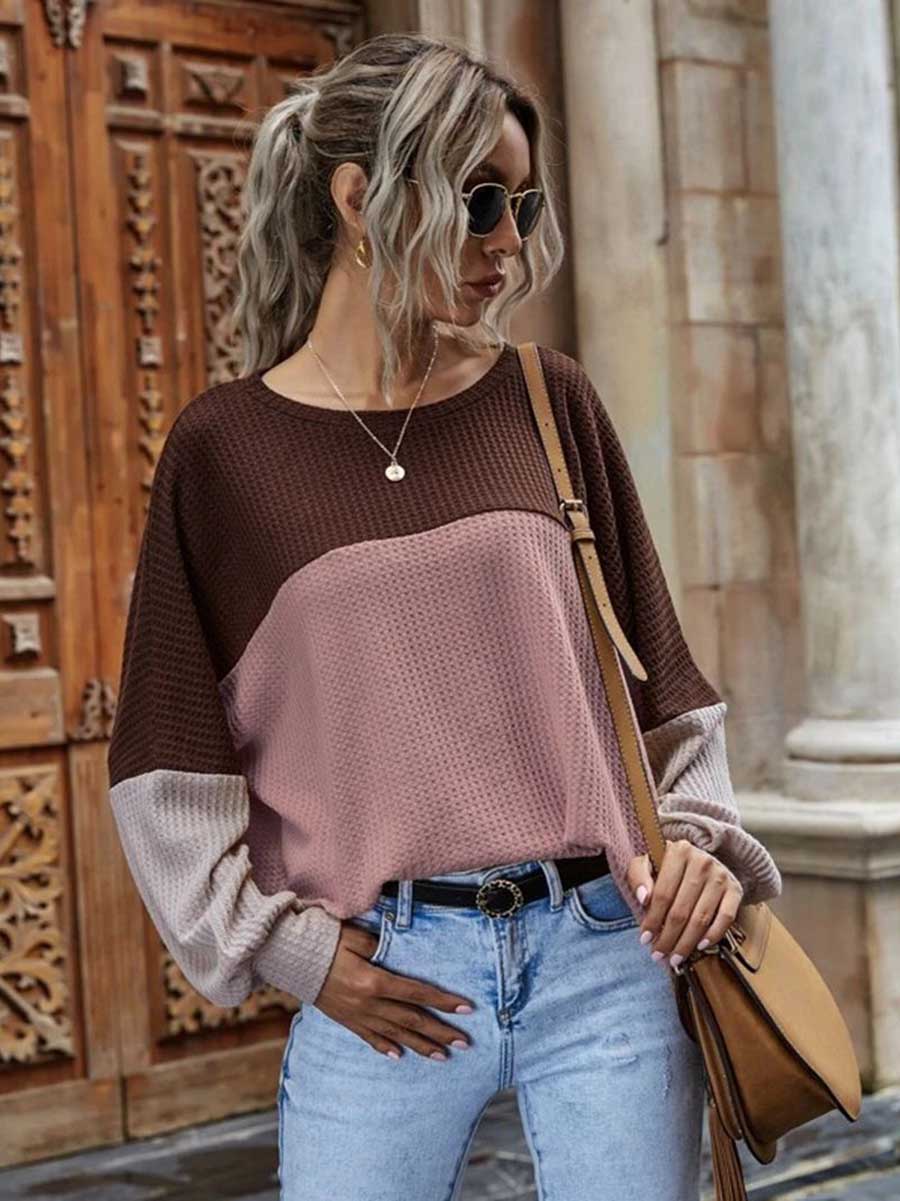 Colorblocked Waffle Long Sleeve Casual Top