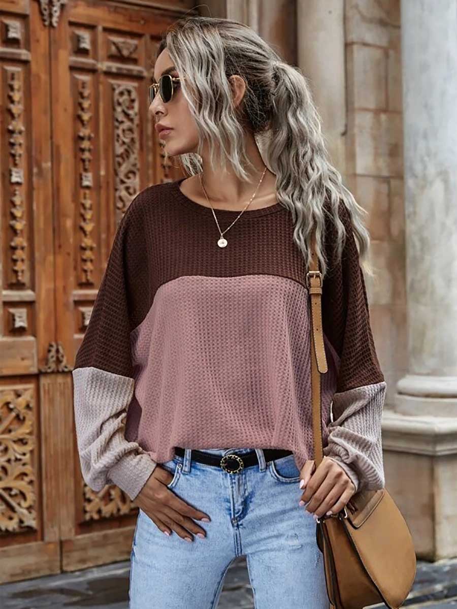 Colorblocked Waffle Long Sleeve Casual Top