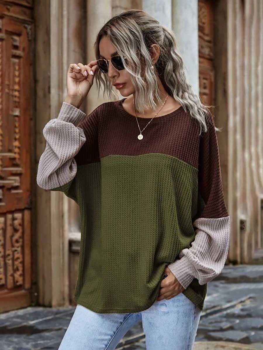 Colorblocked Waffle Long Sleeve Casual Top
