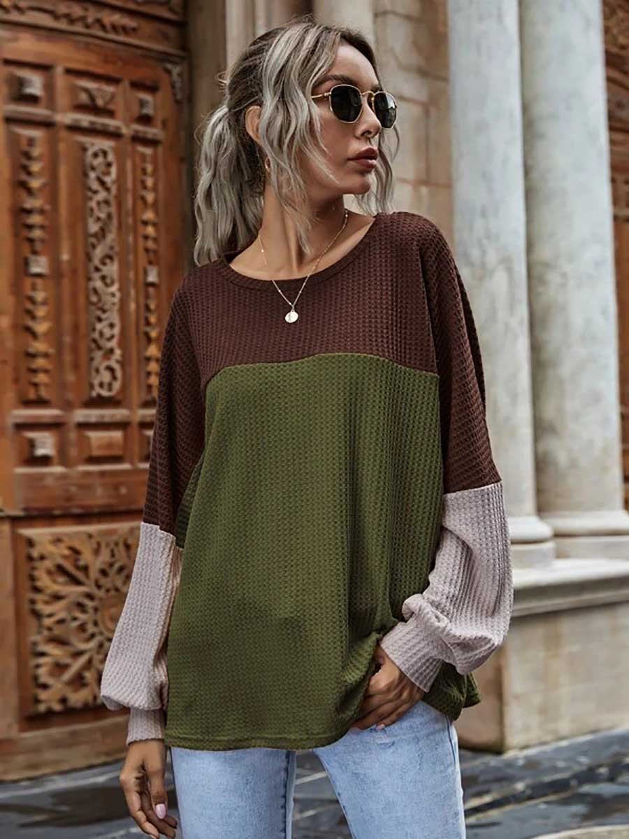 Lunimesd Colorblocked Waffle Long Sleeve Casual Top