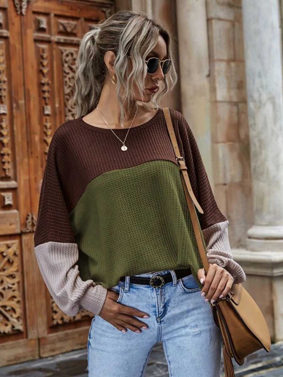 Lunimesd Colorblocked Waffle Long Sleeve Casual Top