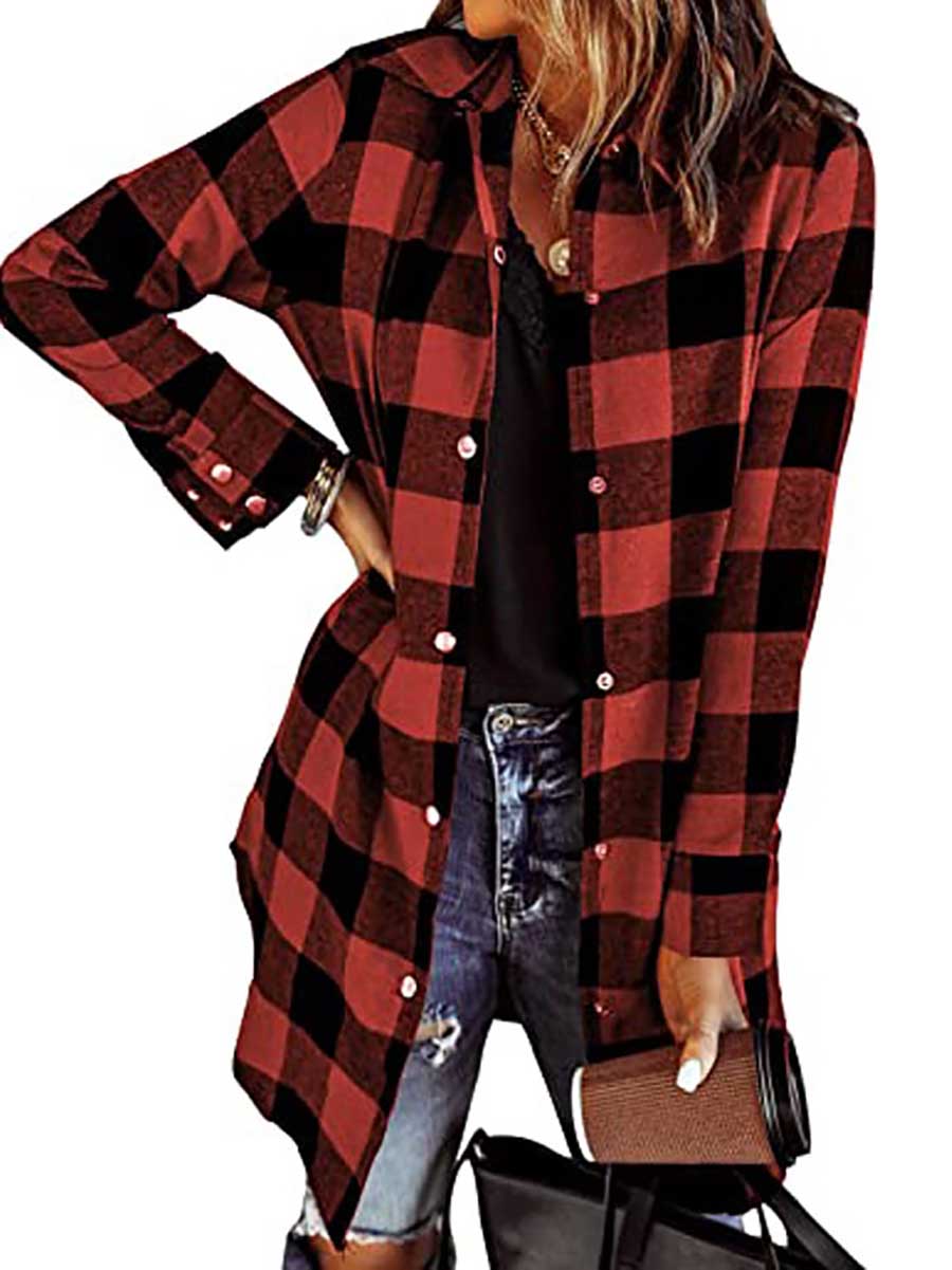 Lunimesd Lapel Buttoned Plaid Shirt Jacket