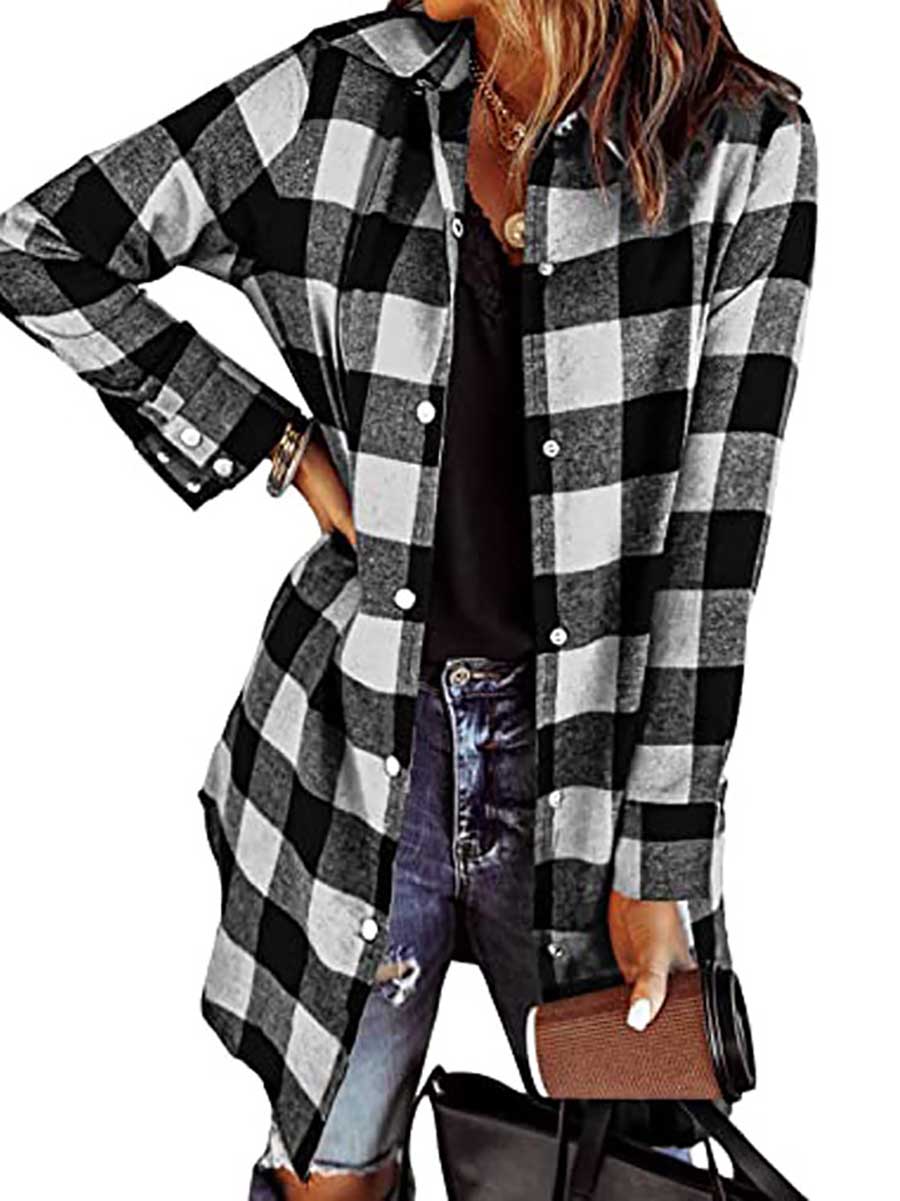 Lunimesd Lapel Buttoned Plaid Shirt Jacket