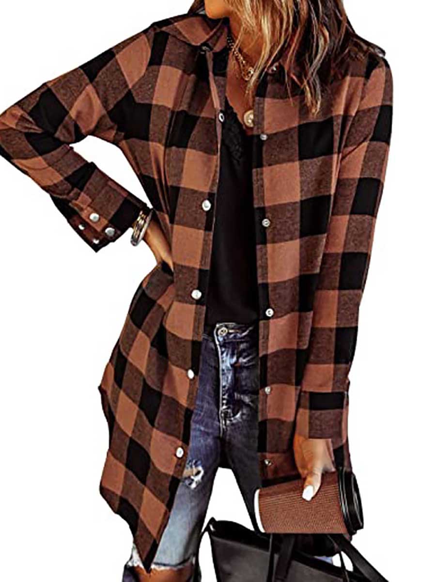 Lunimesd Lapel Buttoned Plaid Shirt Jacket