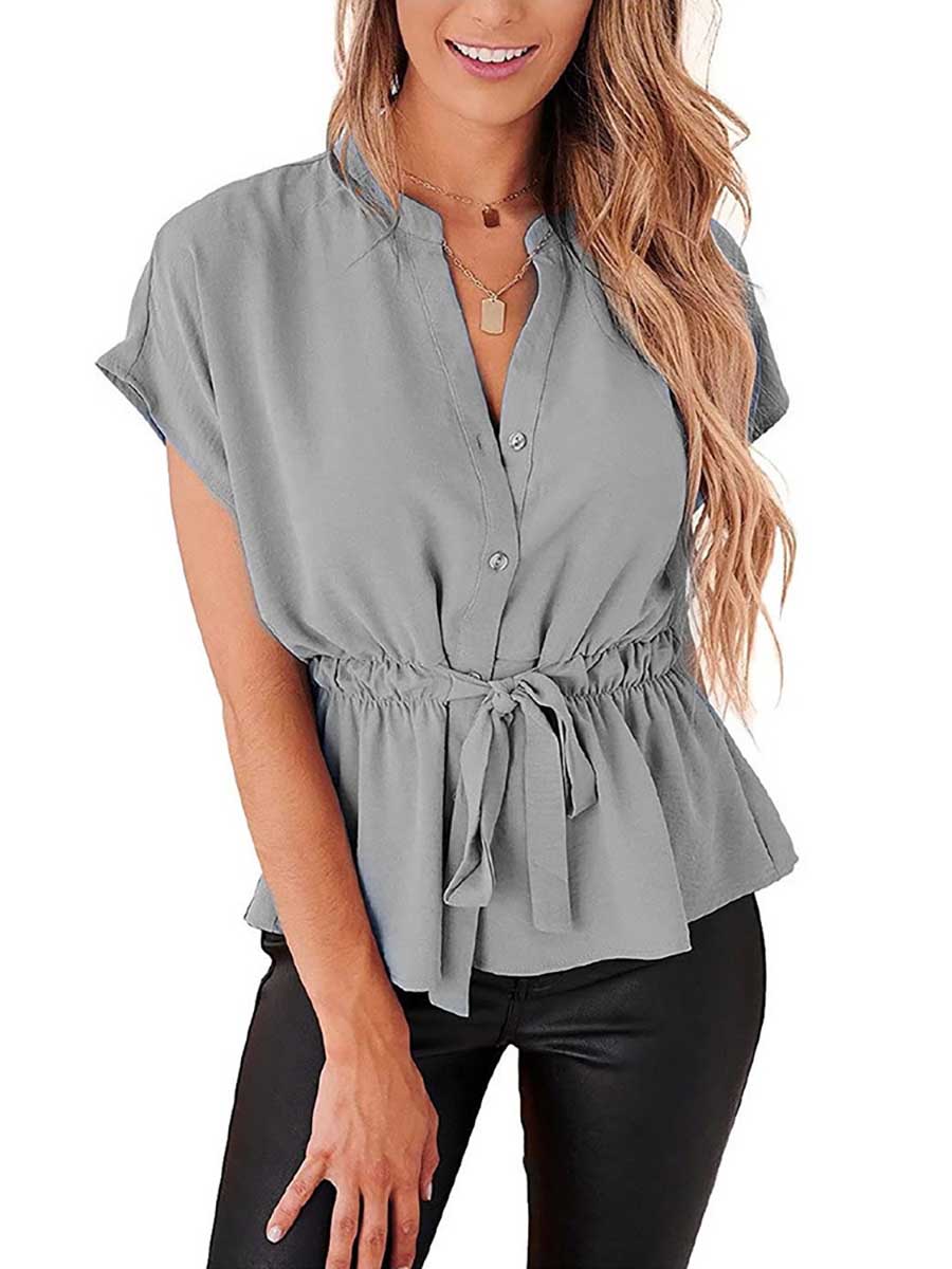 Lunimesd V-Neck Drawstring Belt Chiffon Bat Shirt