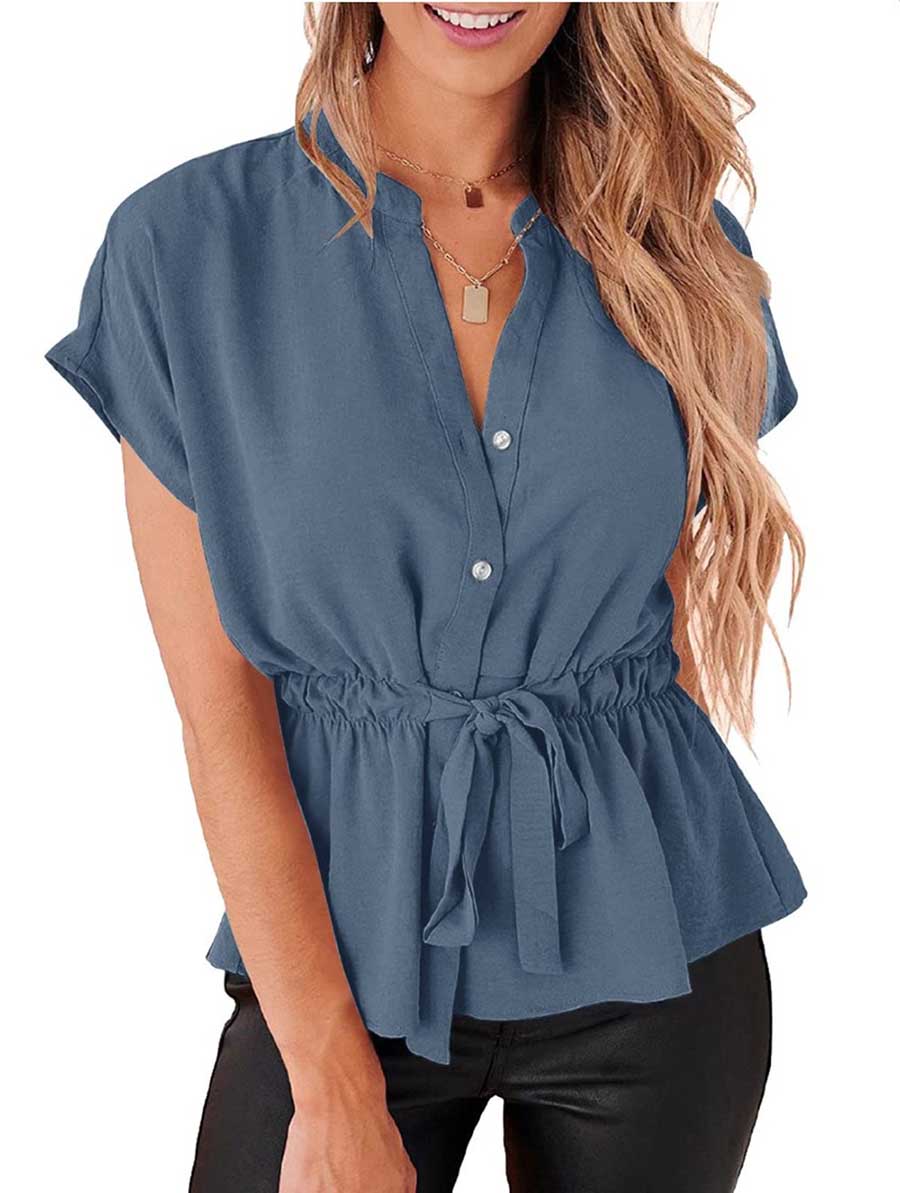 Lunimesd V-Neck Drawstring Belt Chiffon Bat Shirt