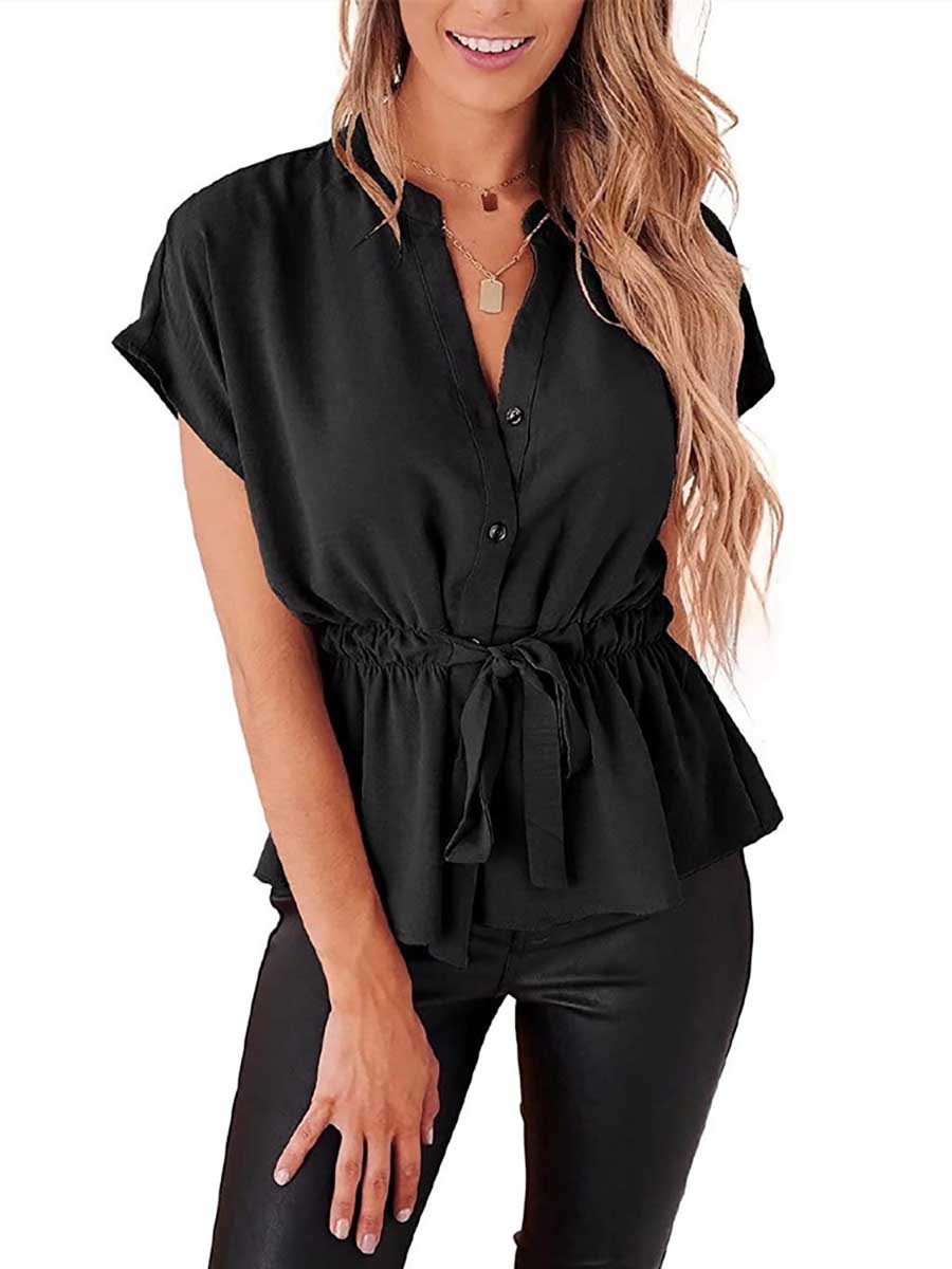 Lunimesd V-Neck Drawstring Belt Chiffon Bat Shirt
