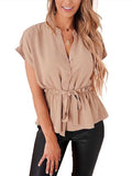 Lunimesd V-Neck Drawstring Belt Chiffon Bat Shirt