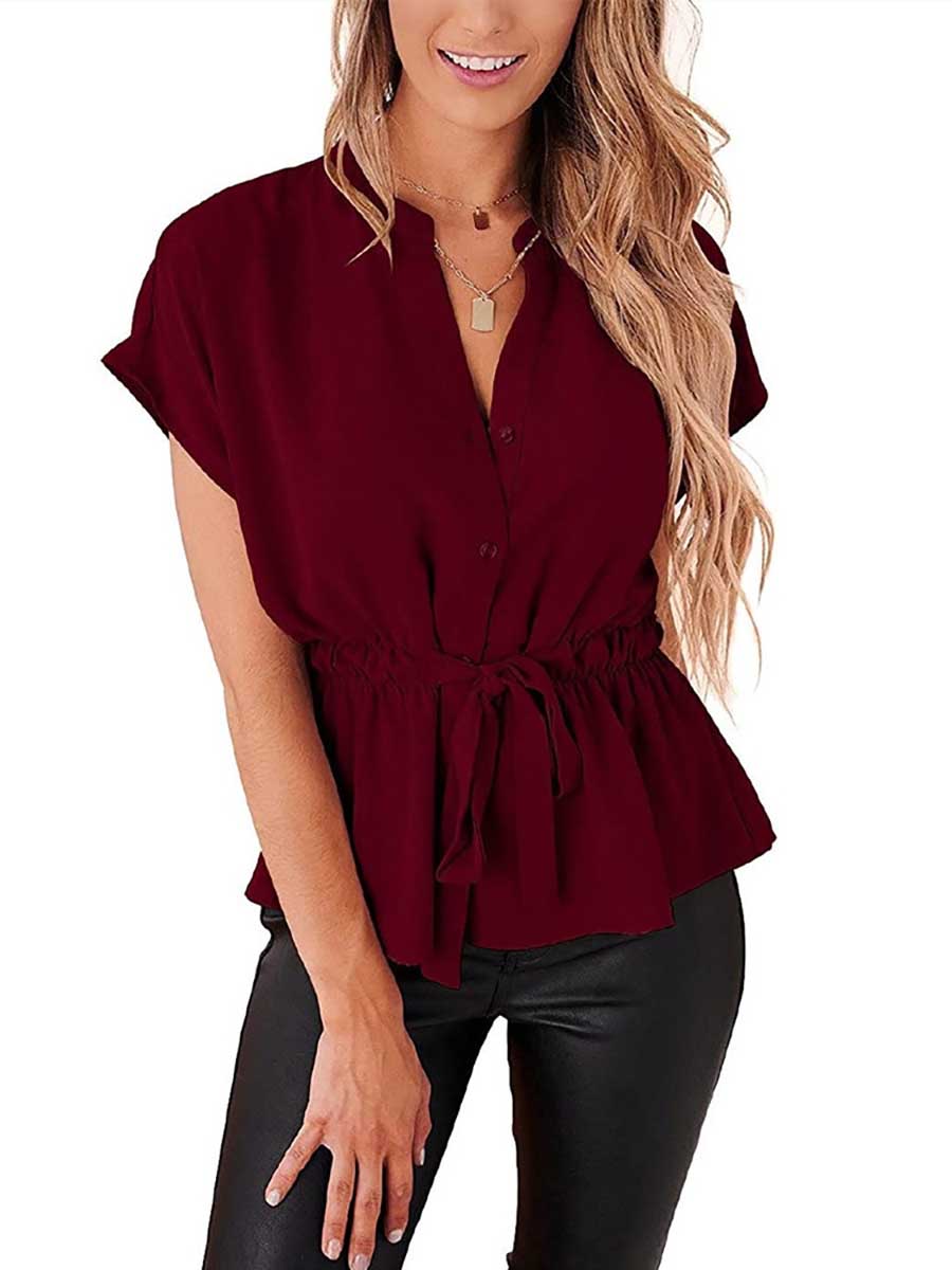 Lunimesd V-Neck Drawstring Belt Chiffon Bat Shirt